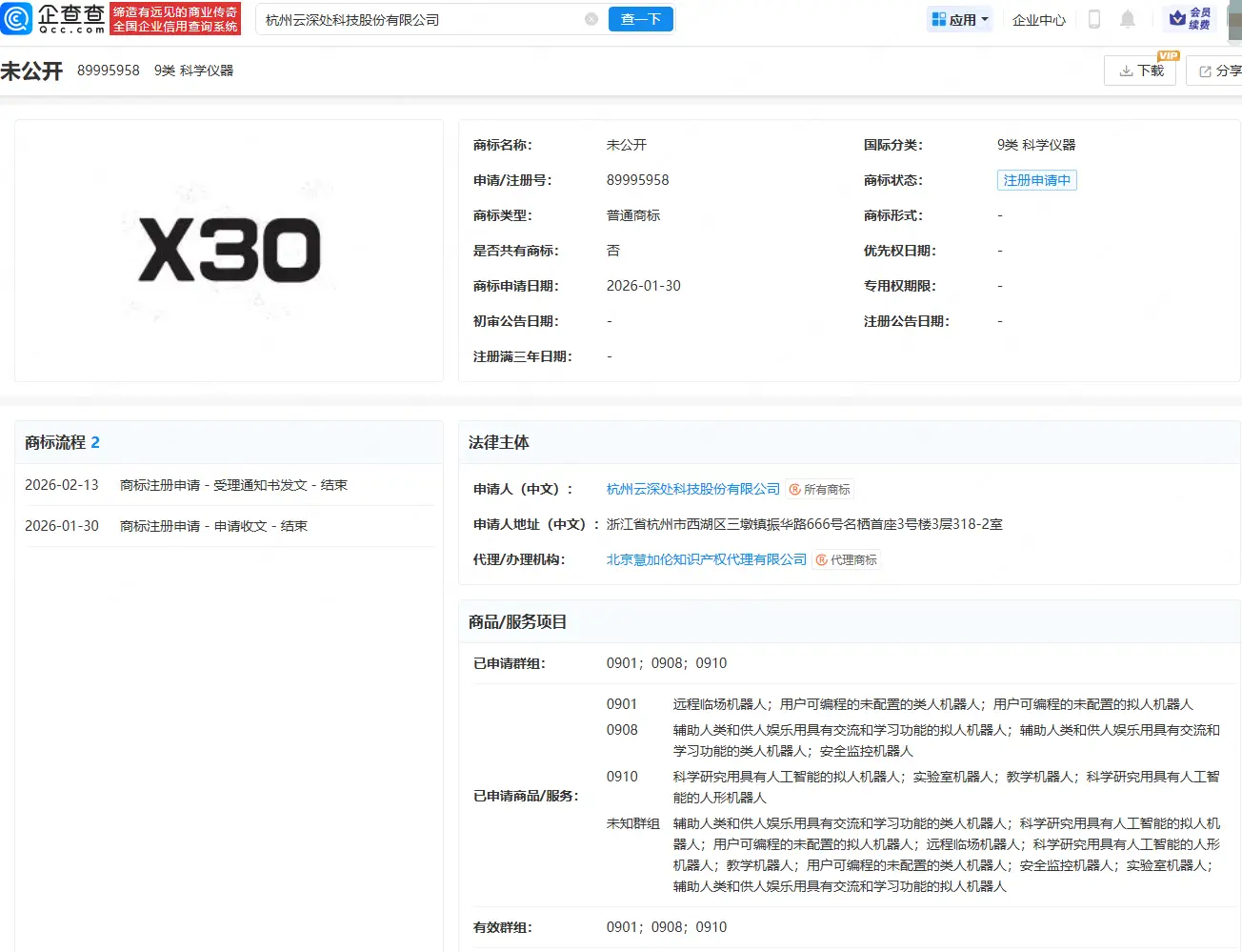 雲深處科技註冊X30商標
